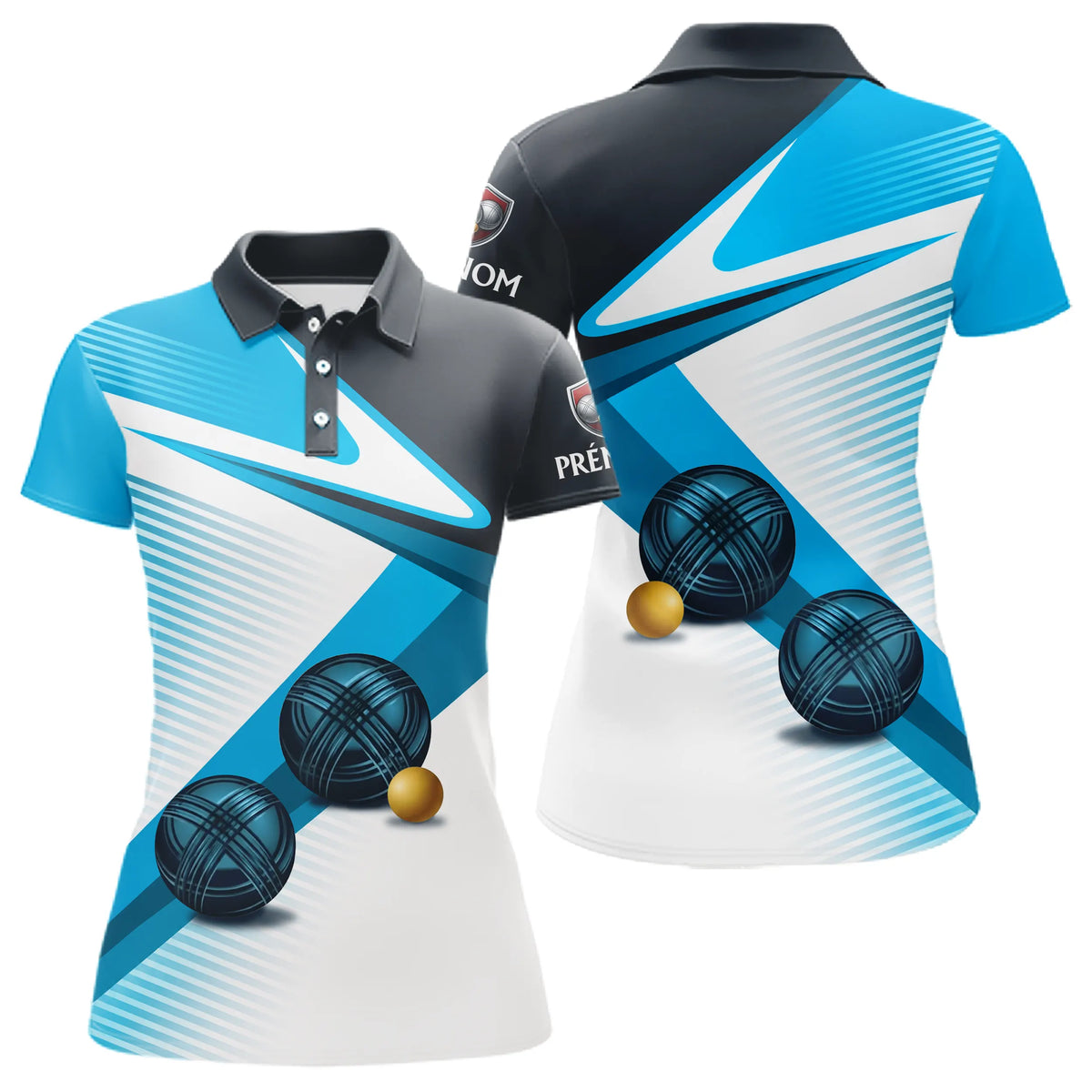 Polo Pétanque Personnalisé Bleu & Gris - Design Boules - Polo Femme