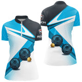 Polo Pétanque Personnalisé Bleu & Gris - Design Boules - Polo Zippé Femme
