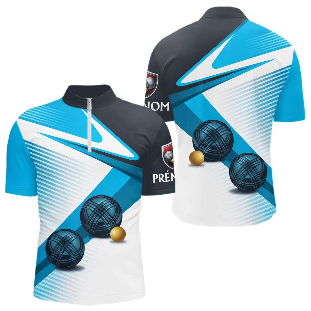 Polo Pétanque Personnalisé Bleu & Gris - Design Boules - Polo Zippé Homme