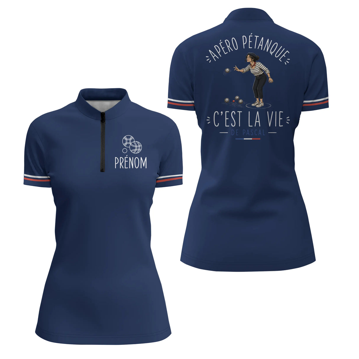 Polo Pétanque Personnalisé Bleu Marine - Cadeau Homme Femme - Polo Zippé Femme