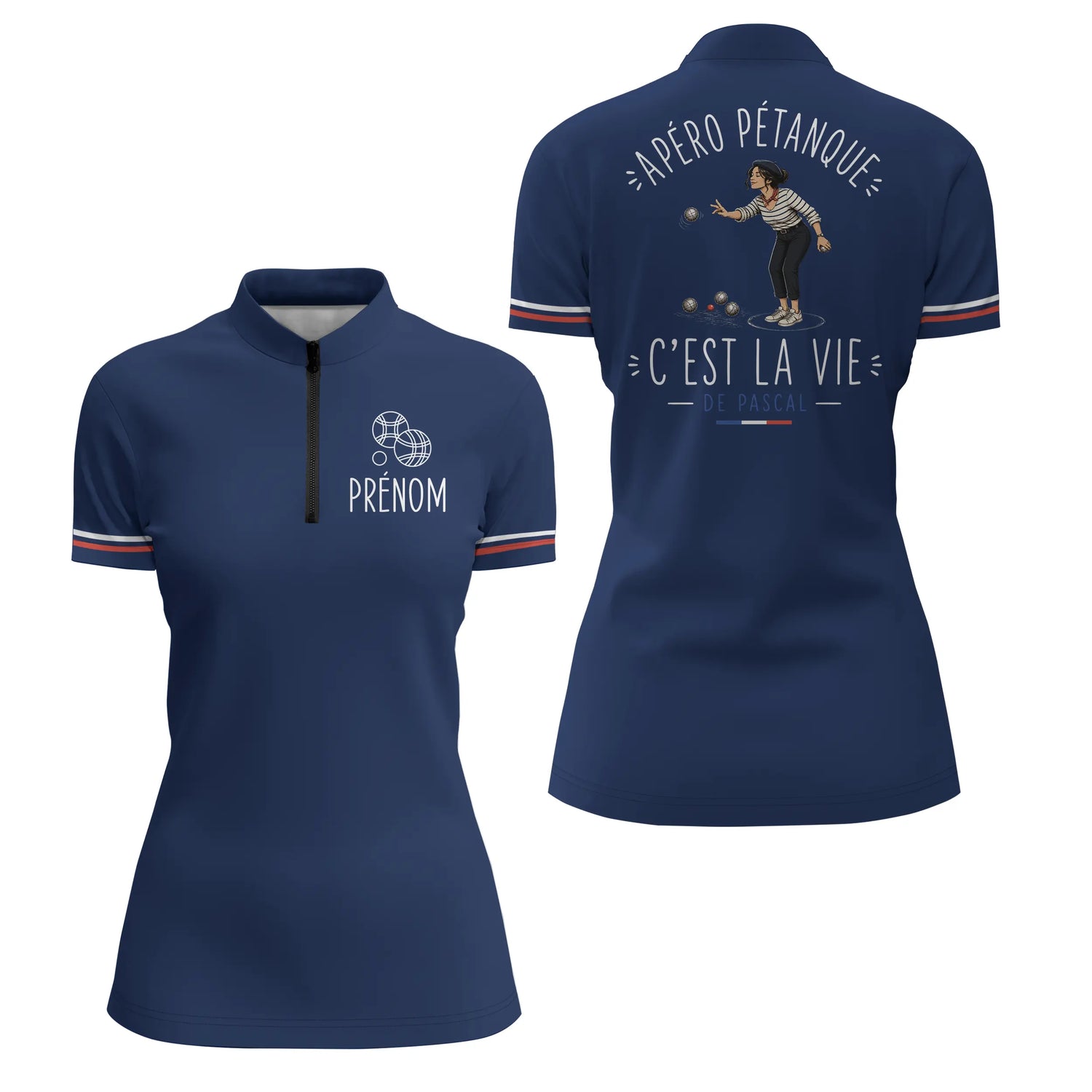 Polo Pétanque Personnalisé Bleu Marine - Cadeau Homme Femme - Polo Zippé Femme