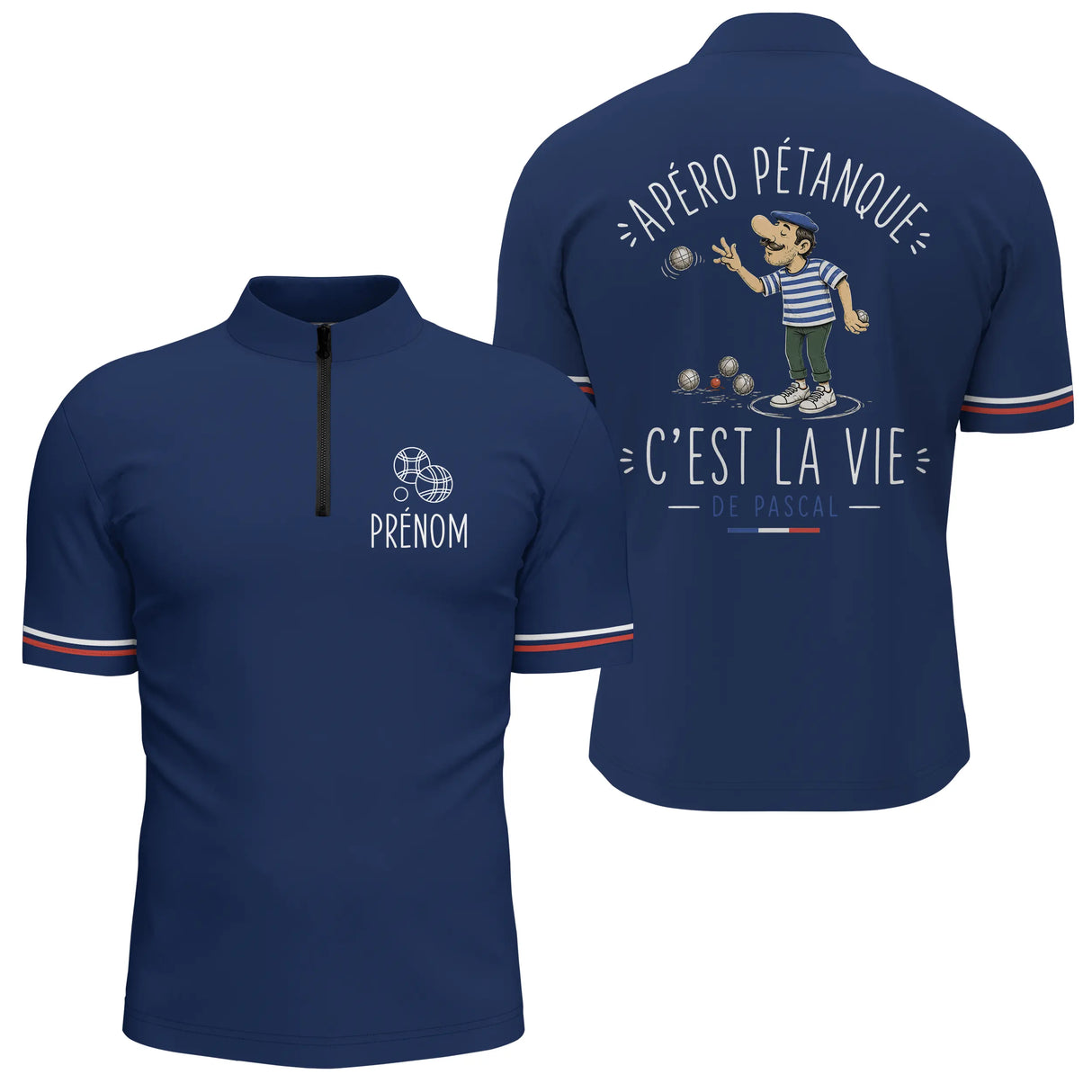 Polo Pétanque Personnalisé Bleu Marine - Cadeau Homme Femme - Polo Zippé Homme
