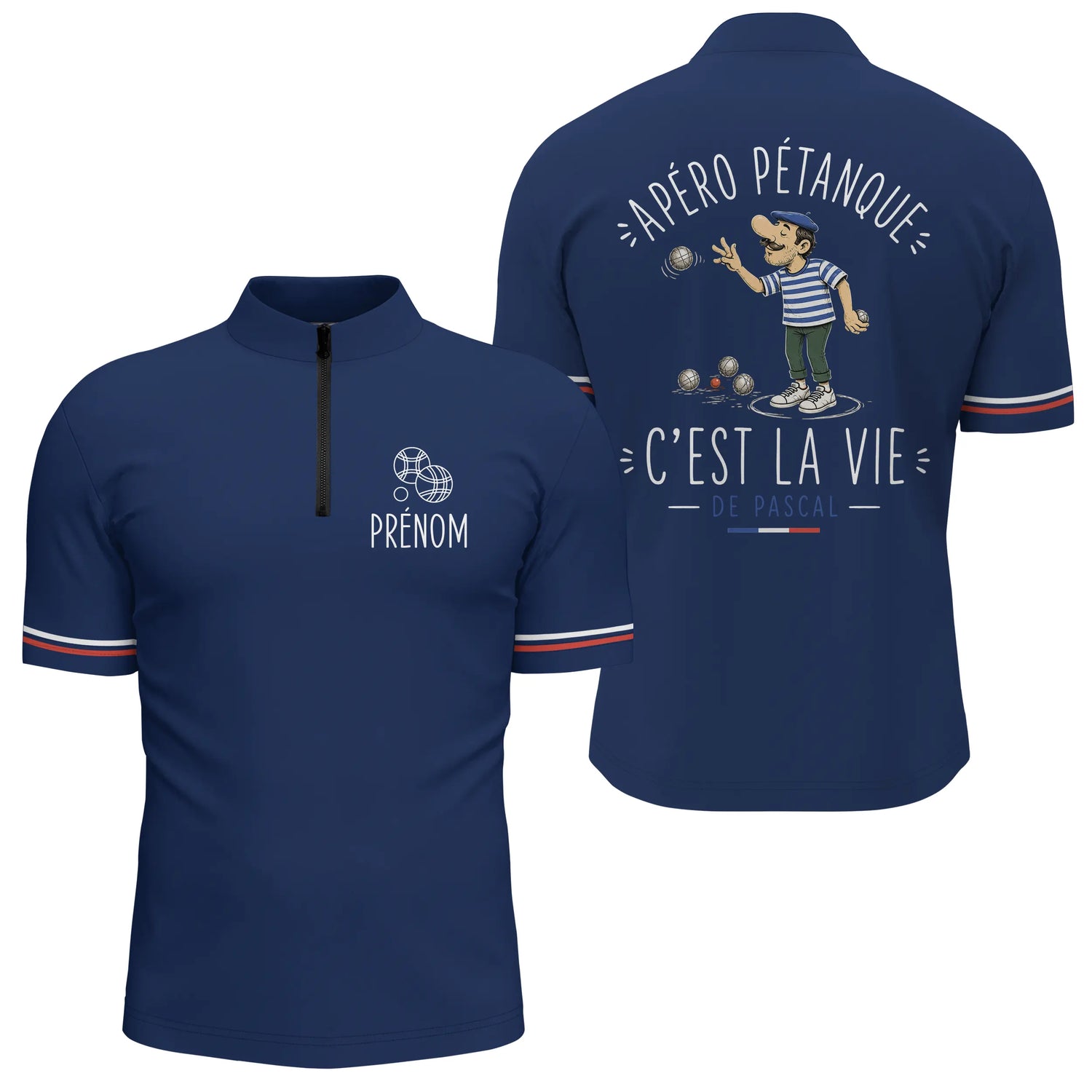 Polo Pétanque Personnalisé Bleu Marine - Cadeau Homme Femme - Polo Zippé Homme