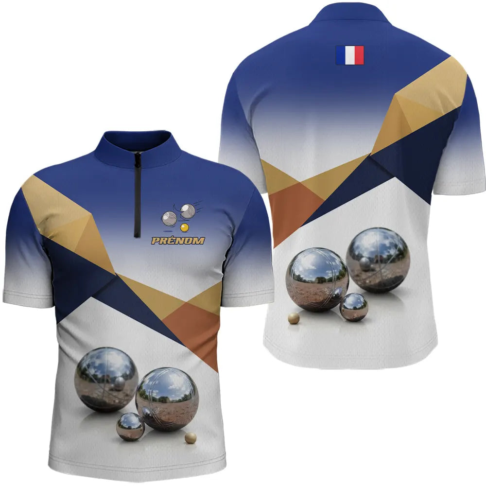 Polo Pétanque Personnalisé Bleu & Or - Boules Drapeau Français - Polo Homme