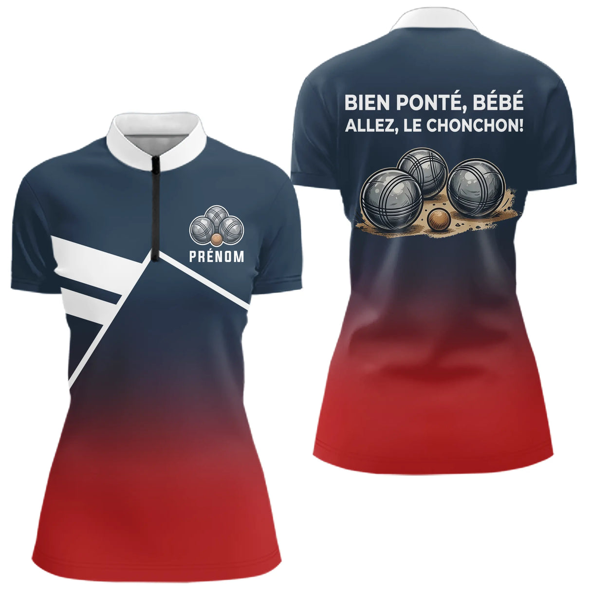 Polo Pétanque Personnalisé Bleu Rouge - Boulodrome Humour - Polo Zippé Femme