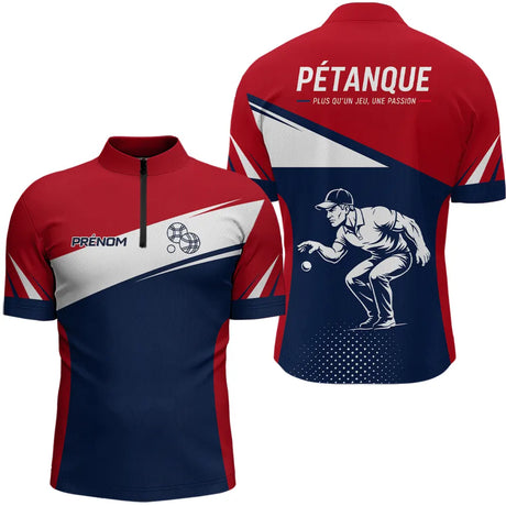 Polo Pétanque Personnalisé Bleu Rouge - Homme Femme Passion Boules - Polo Zippé Homme