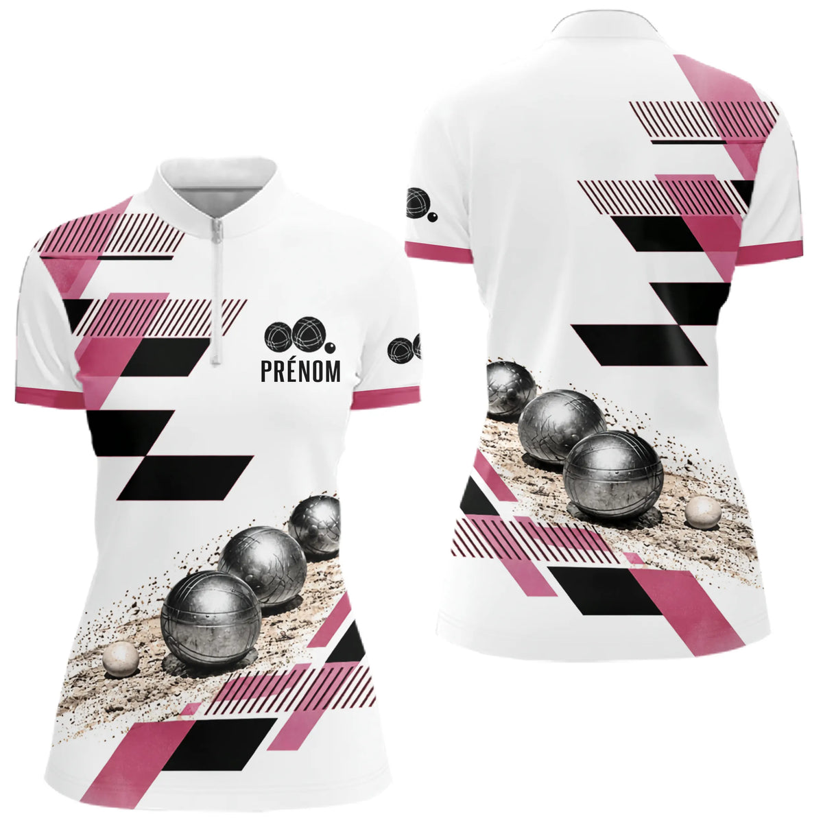 Polo Pétanque Personnalisé Bleu et Rose - Design Graphique - Polo Zippé Femme