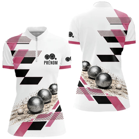 Polo Pétanque Personnalisé Bleu et Rose - Design Graphique - Polo Zippé Femme
