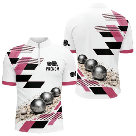 Polo Pétanque Personnalisé Bleu et Rose - Design Graphique - Polo Zippé Homme