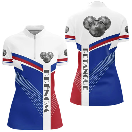 Polo Pétanque Personnalisé France - Boulodromes Bleu Blanc Rouge - Polo Zippé Femme