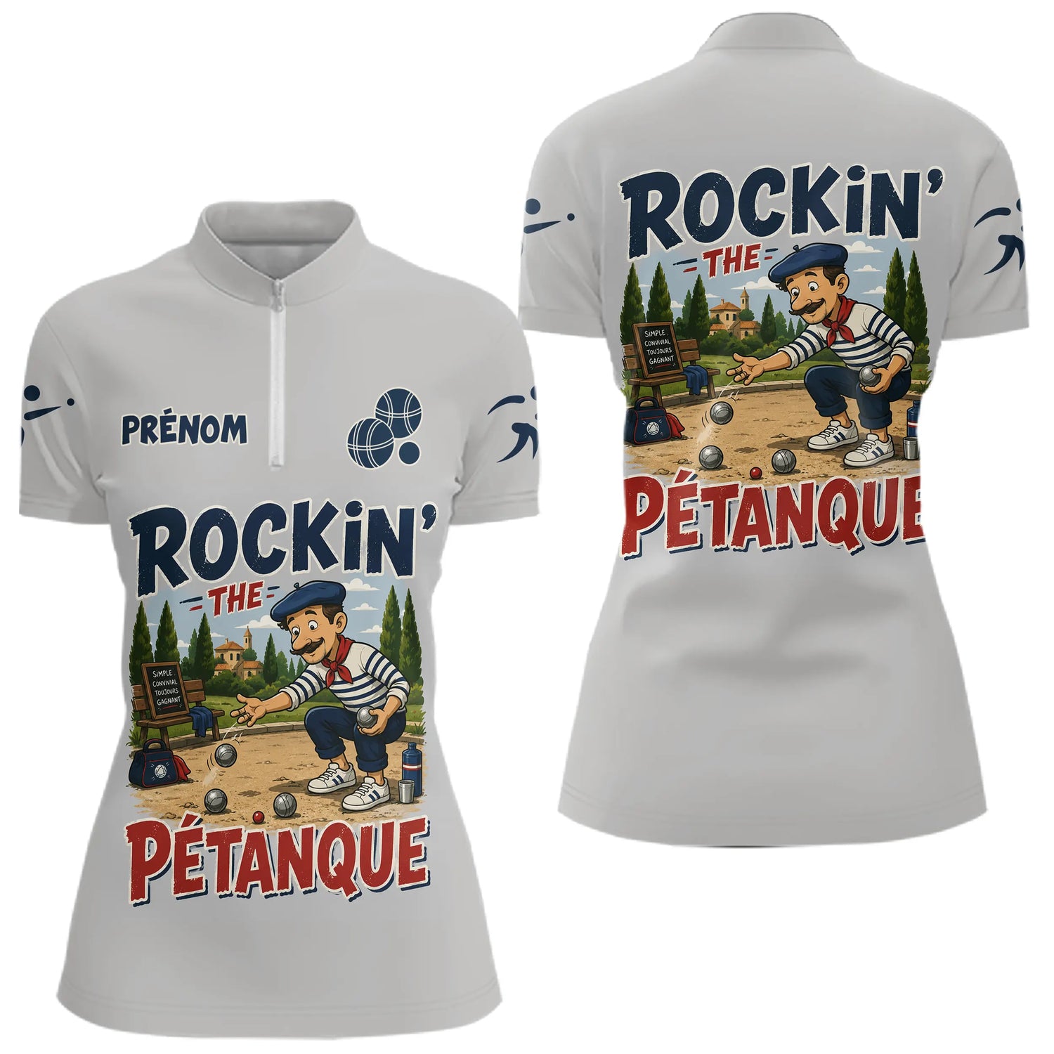 Polo Pétanque Personnalisé Gris - Style Rétro Français - Polo Zippé Femme