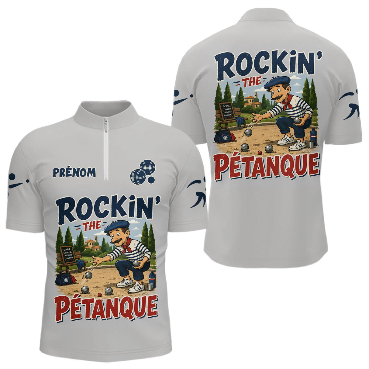 Polo Pétanque Personnalisé Gris - Style Rétro Français - Polo Zippé Homme