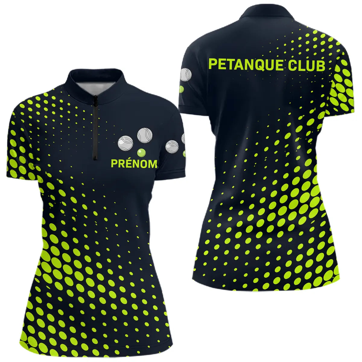 Polo Pétanque Personnalisé Homme - Noir & Vert Fluo Club - Polo Zippé Femme