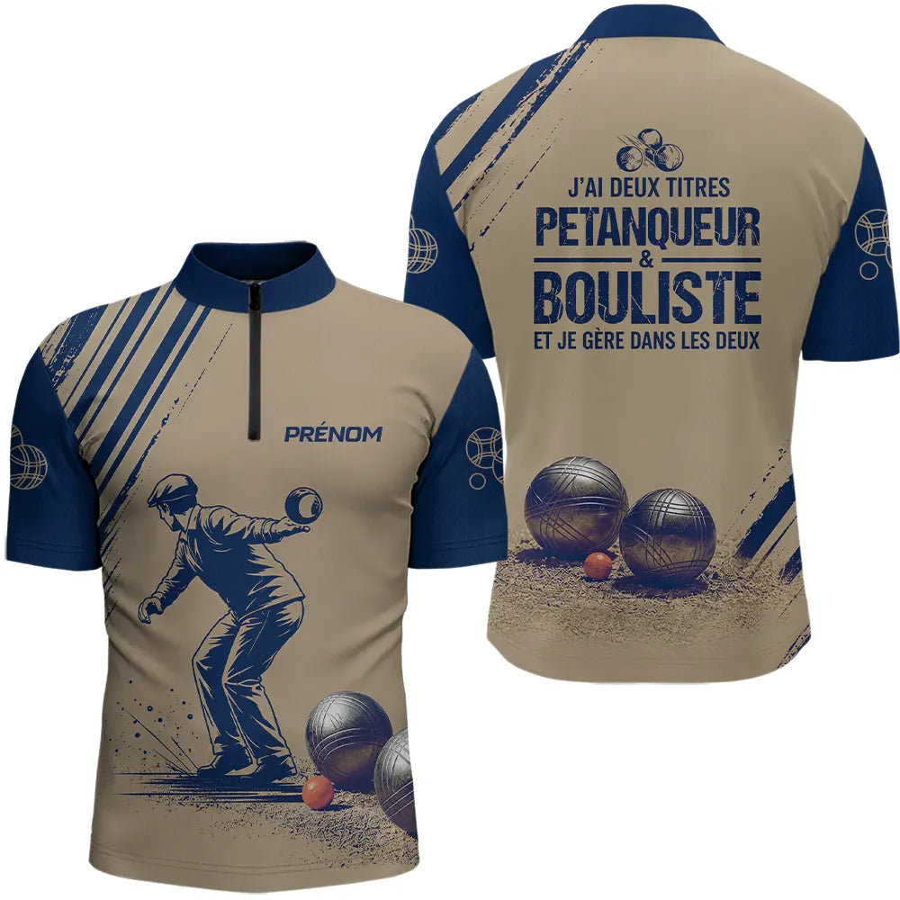 Polo Pétanque Personnalisé Marine et Sable - Cadeau Bouliste - Polo Zippé Homme
