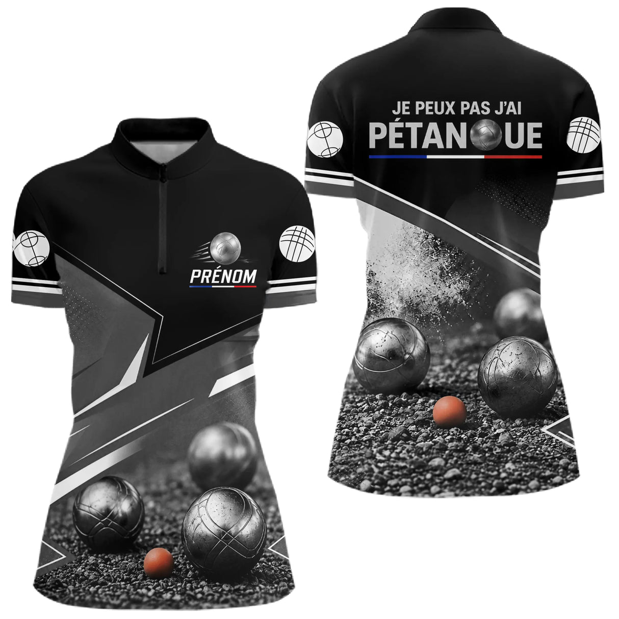 Polo Pétanque Personnalisé Noir - J'peux Pas J'ai - Polo Zippé Femme