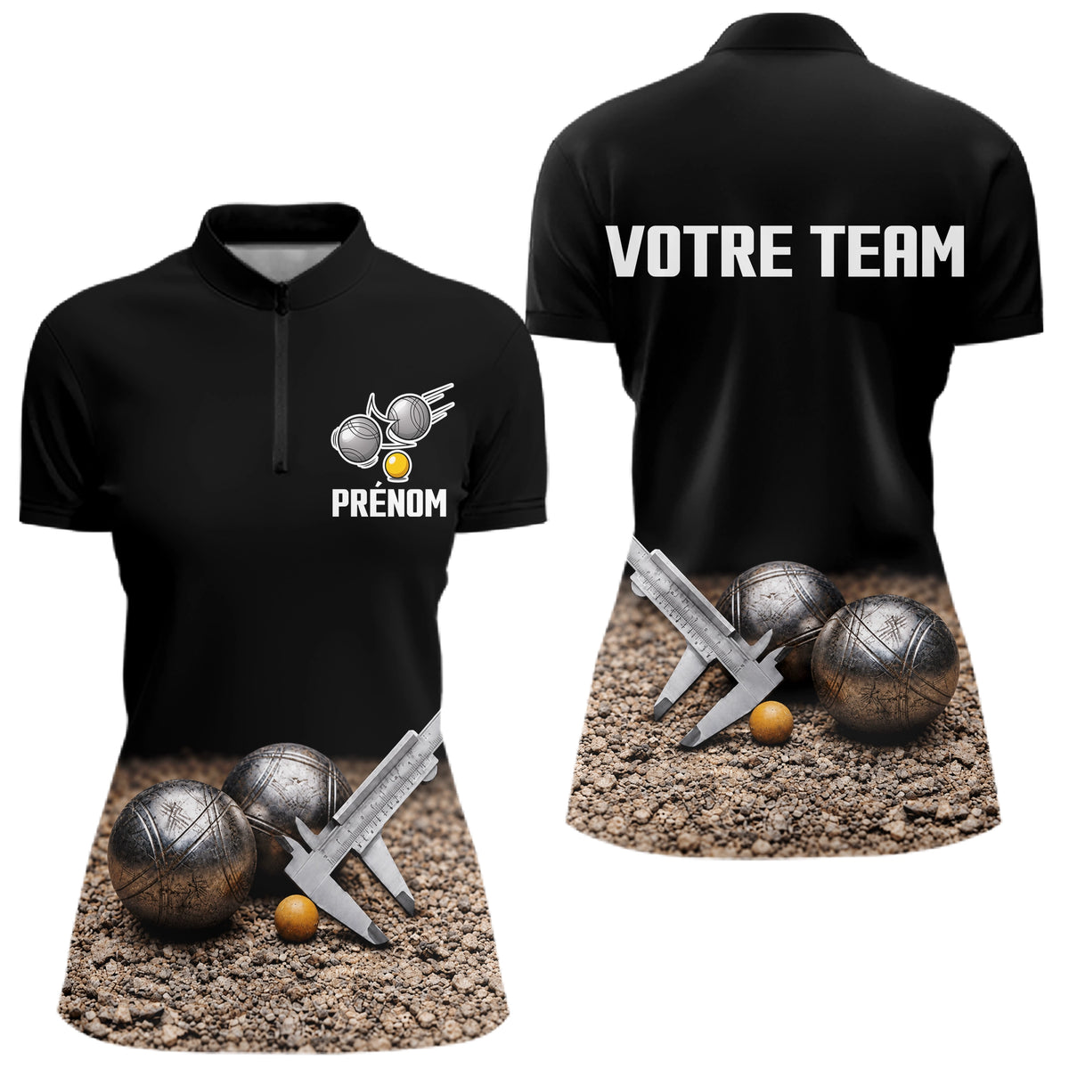 Polo Pétanque Personnalisé Noir - Nom & Team - Polo Zippé Femme