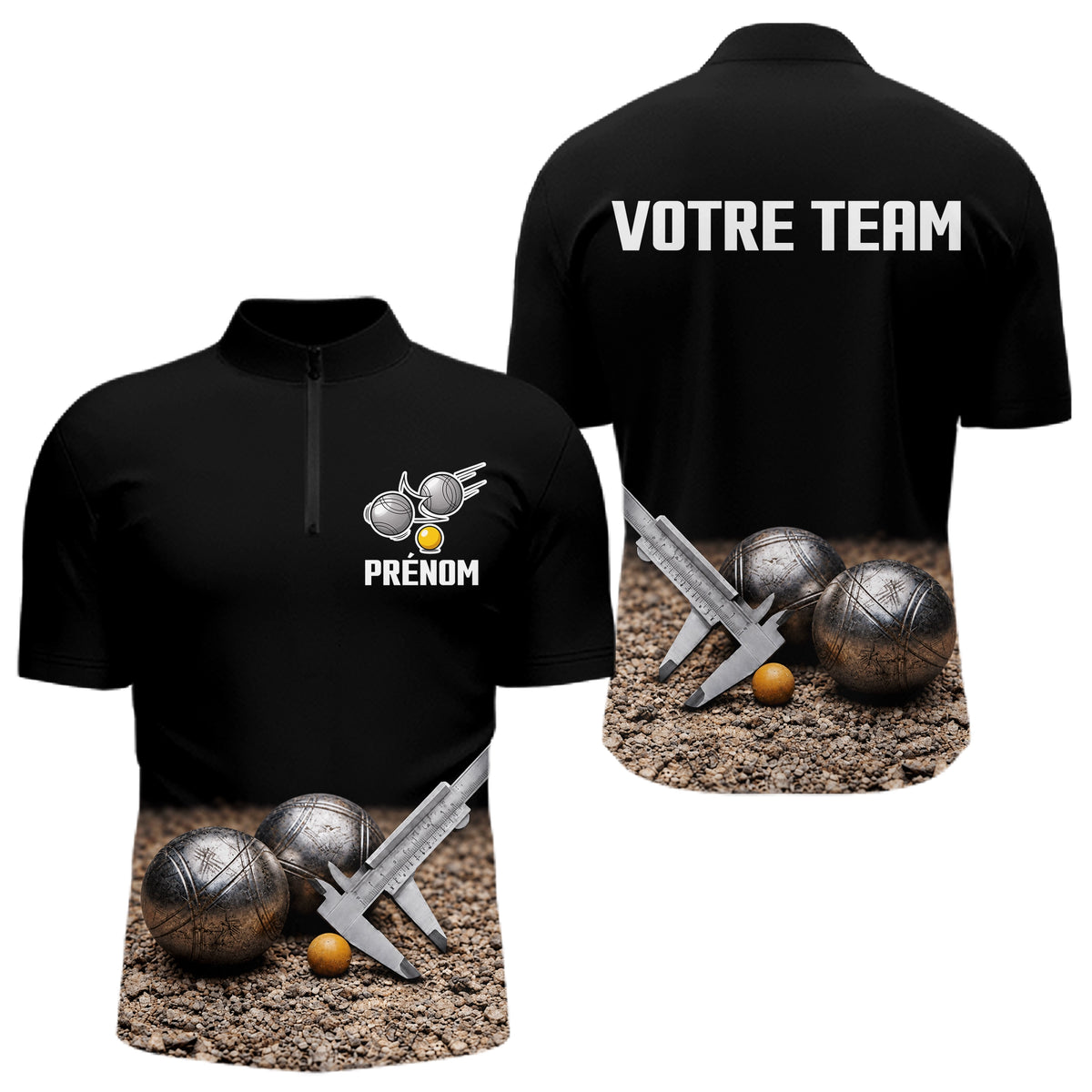 Polo Pétanque Personnalisé Noir - Nom & Team - Polo Zippé Homme