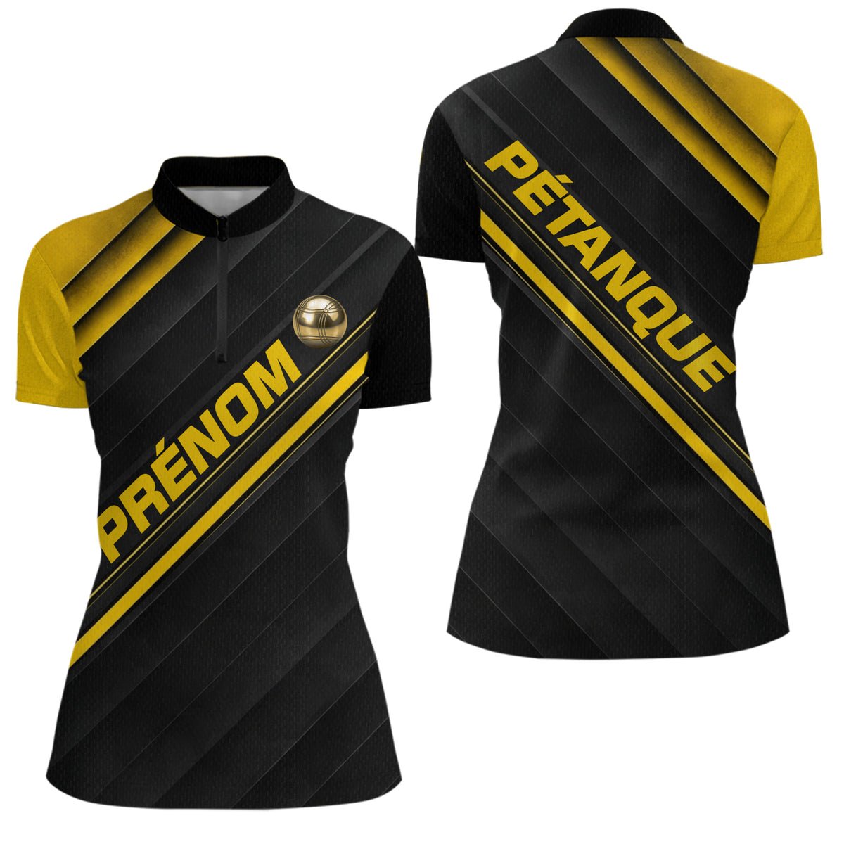 Polo Pétanque Personnalisé Noir & Or - Cadeau Joueur Boules - Polo Zippé Femme