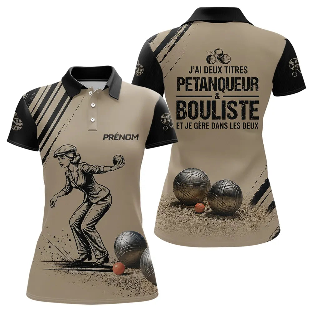 Polo Pétanque Personnalisé Noir et Sable - Cadeau Bouliste - Polo Femme