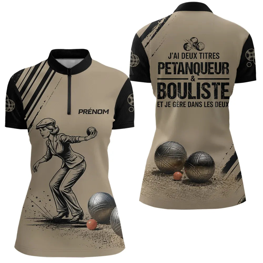 Polo Pétanque Personnalisé Noir et Sable - Cadeau Bouliste - Polo Zippé Femme