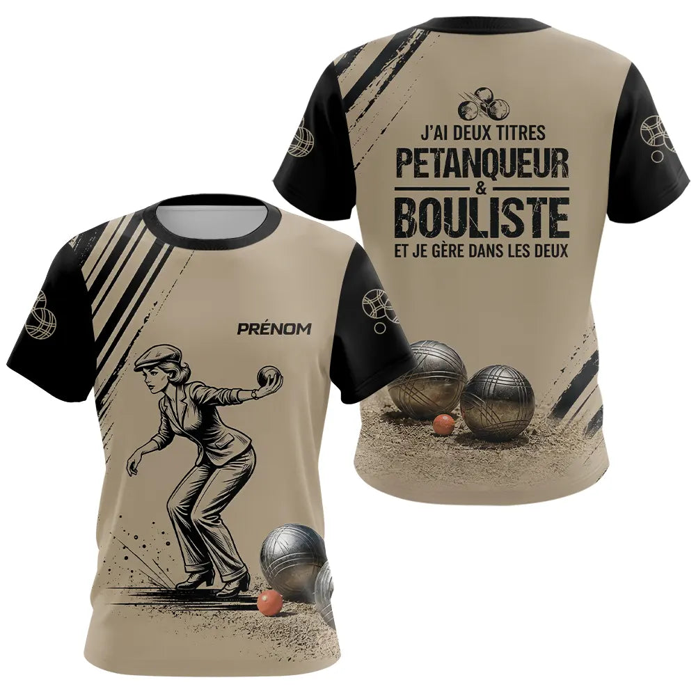 Polo Pétanque Personnalisé Noir et Sable - Cadeau Bouliste - T-Shirt Femme