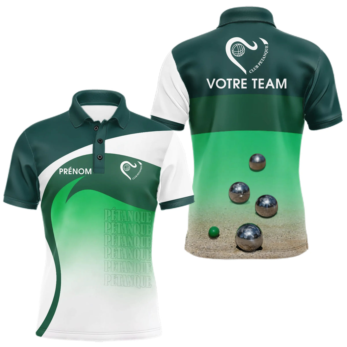 Polo Pétanque Personnalisé Prénom - Bouliste Vert Dégradé - Polo Homme