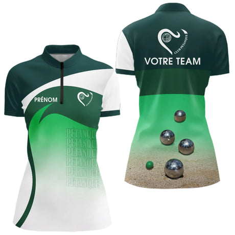 Polo Pétanque Personnalisé Prénom - Bouliste Vert Dégradé - Polo Zippé Femme