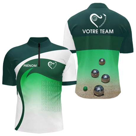Polo Pétanque Personnalisé Prénom - Bouliste Vert Dégradé - Polo Zippé Homme 