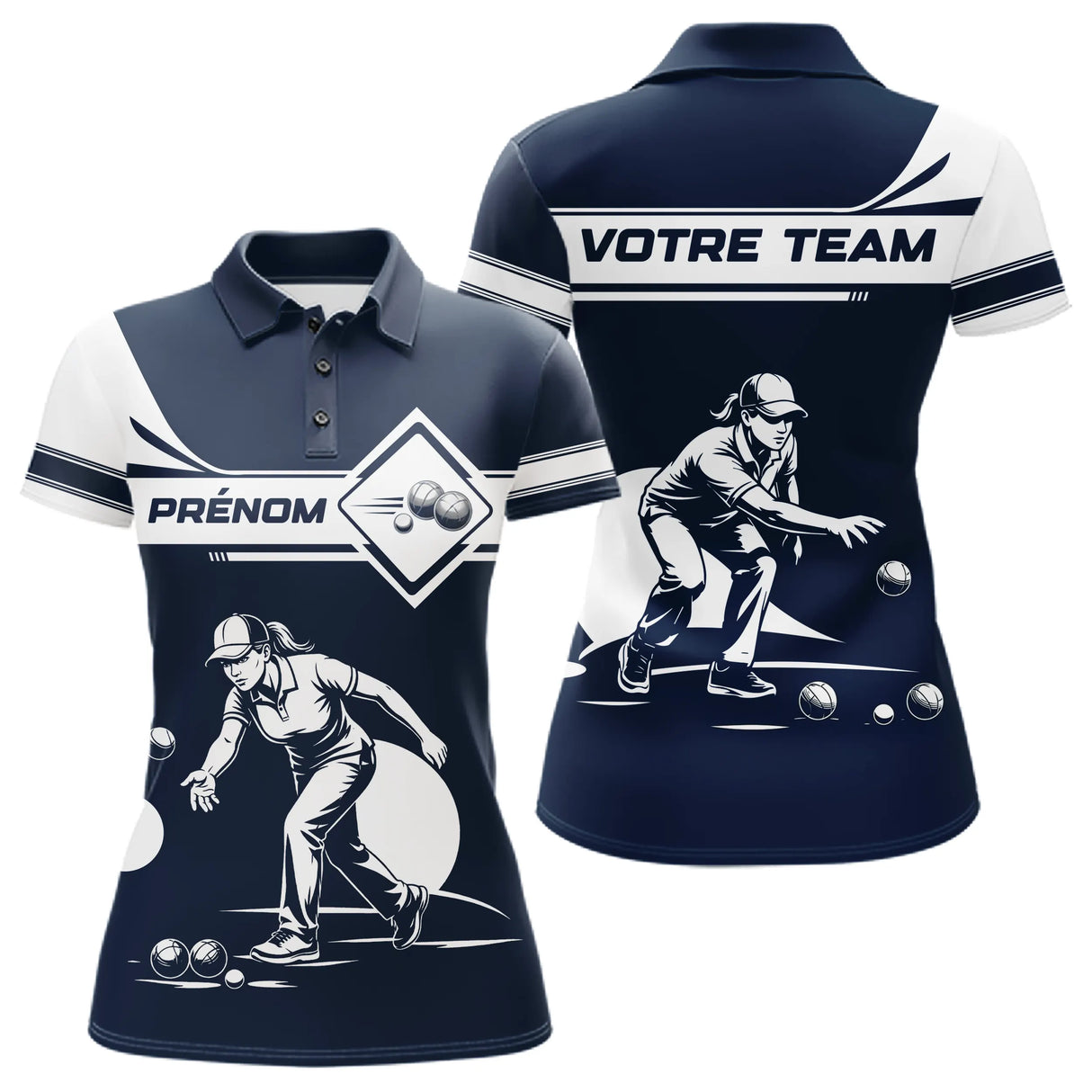 Polo Pétanque Personnalisé Prénom - Design Bleu & Blanc - Polo Femme