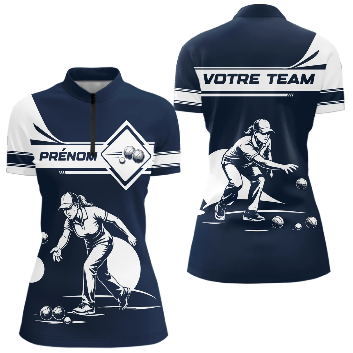Polo Pétanque Personnalisé Prénom - Design Bleu & Blanc - Polo Zippé Femme