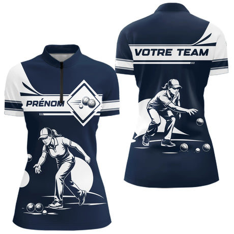 Polo Pétanque Personnalisé Prénom - Design Bleu & Blanc - Polo Zippé Femme