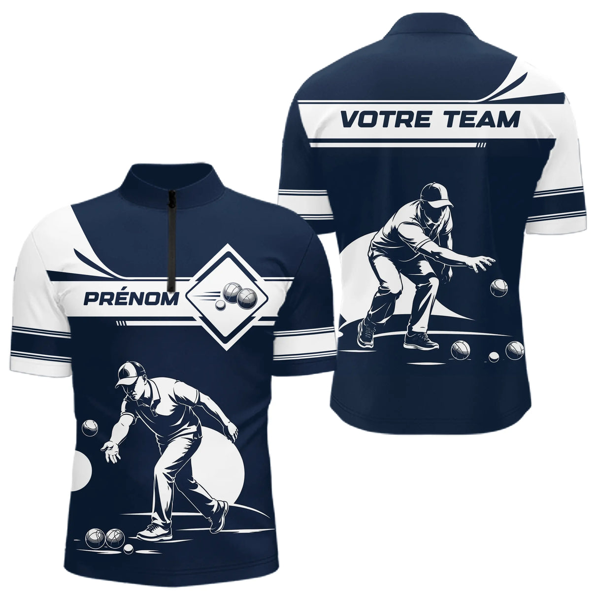 Polo Pétanque Personnalisé Prénom - Design Bleu & Blanc - Polo Zippé Homme