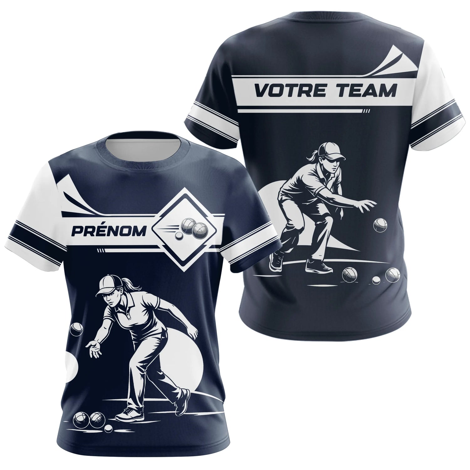 Polo Pétanque Personnalisé Prénom - Design Bleu & Blanc - T-Shirt Femme