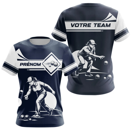 Polo Pétanque Personnalisé Prénom - Design Bleu & Blanc - T-Shirt Femme