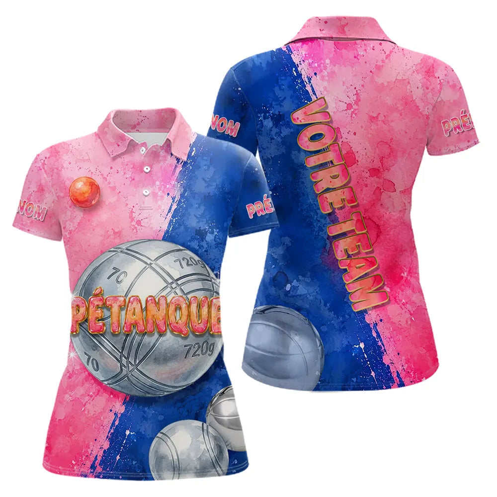 Polo Pétanque Personnalisé – Rose & Bleu Aquarelle - Polo Femme