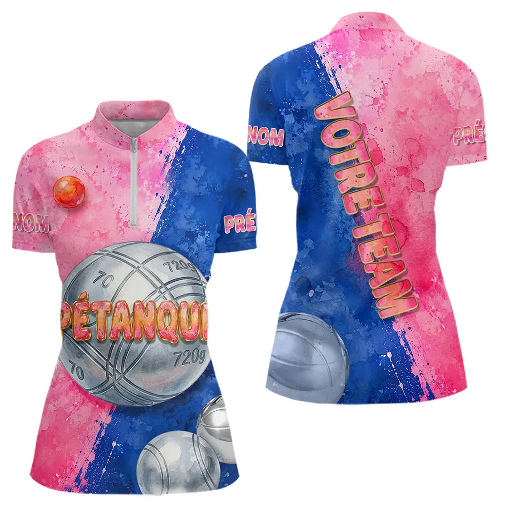 Polo Pétanque Personnalisé – Rose & Bleu Aquarelle - Polo Zippé Femme