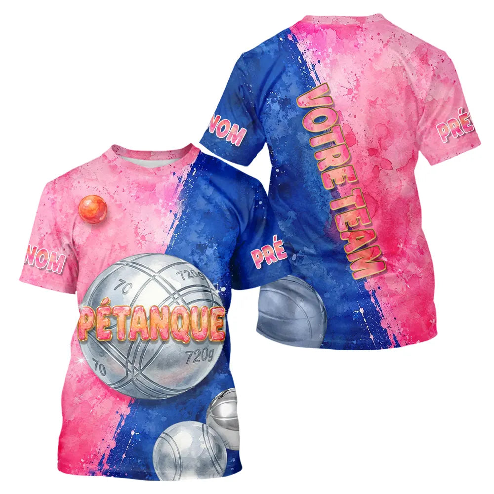 Polo Pétanque Personnalisé – Rose & Bleu Aquarelle - T-Shirt Homme