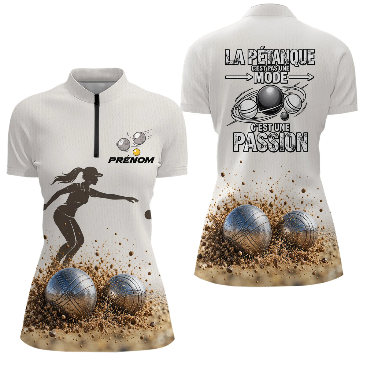 Polo Pétanque Personnalisé Sable – Passion Bouliste Beige & Gris - Polo Zippé Femme