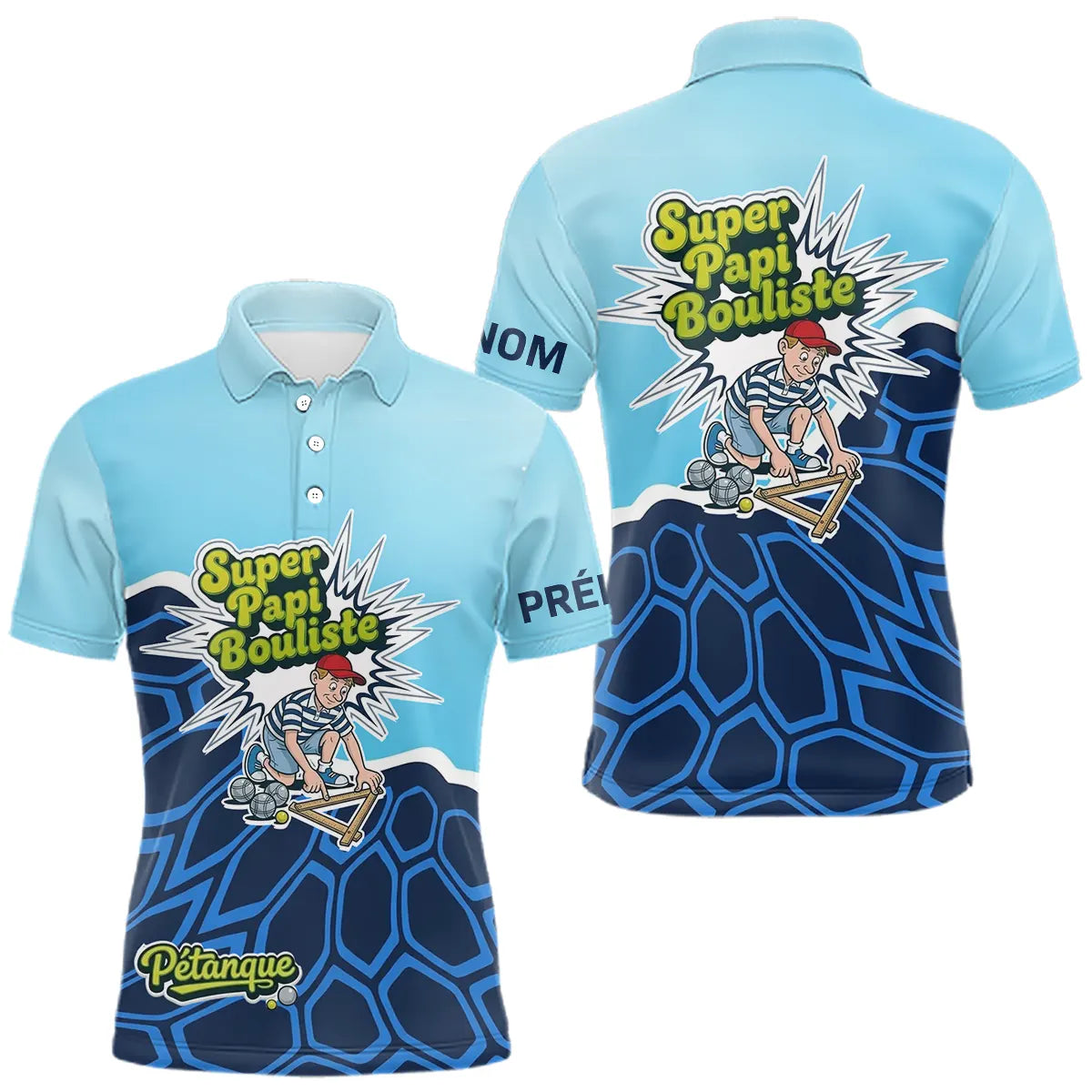 Polo Pétanque Personnalisé « Super Papi Bouliste » – Bleu Ciel & Marine - Polo Homme