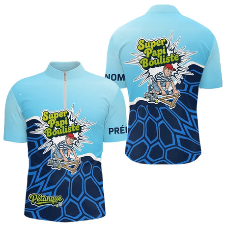 Polo Pétanque Personnalisé « Super Papi Bouliste » – Bleu Ciel & Marine - Polo Zippé Homme