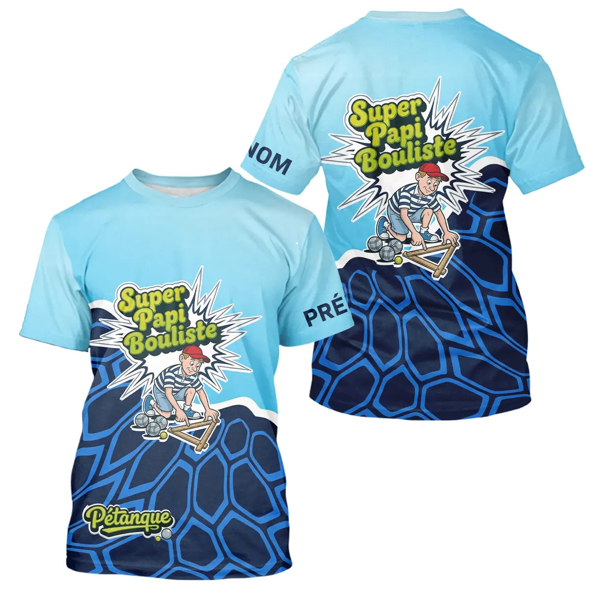 Polo Pétanque Personnalisé « Super Papi Bouliste » – Bleu Ciel & Marine - T-Shirt Homme