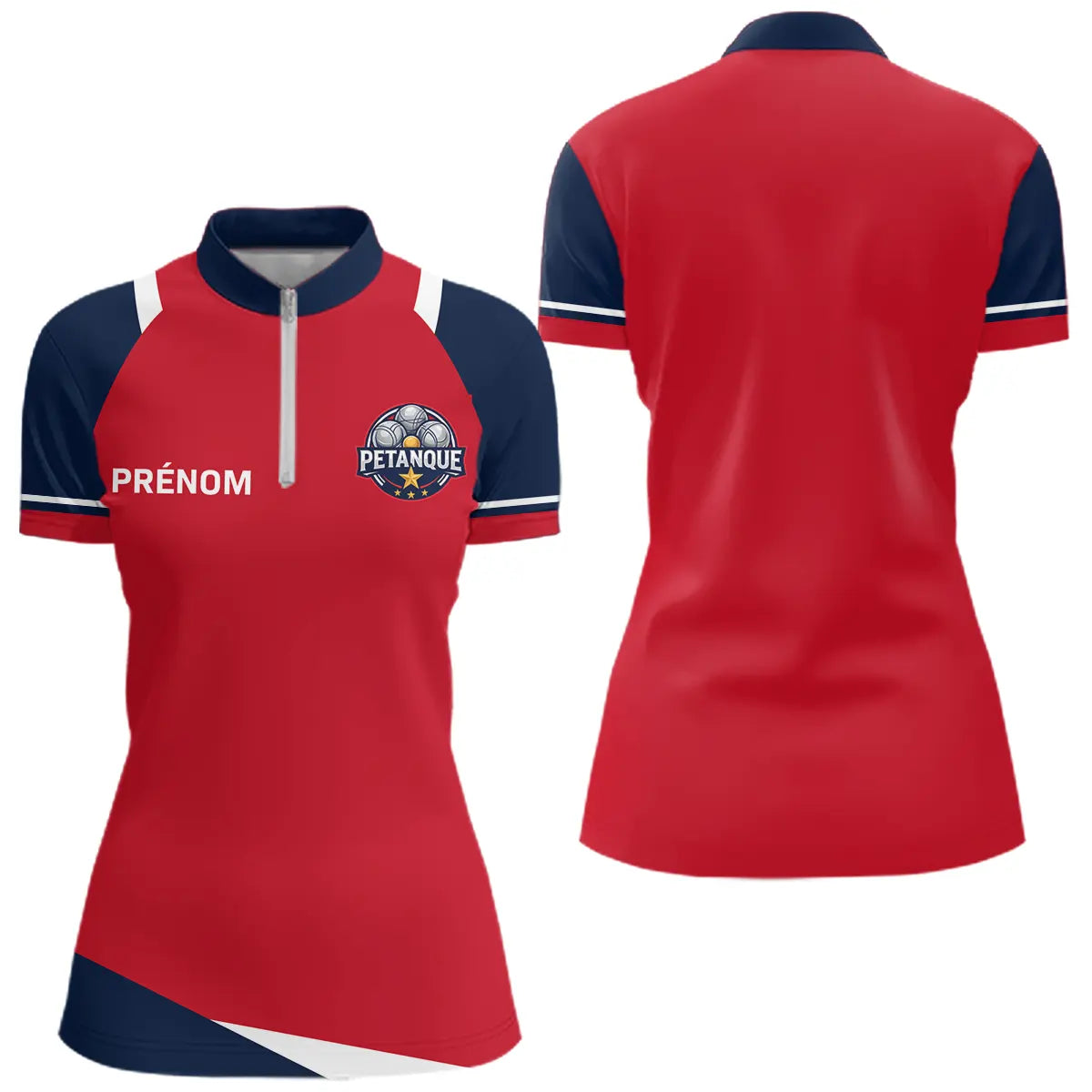 Polo Pétanque Personnalisé Tricolore - Bleu Rouge Boules - Polo Zippé Femme