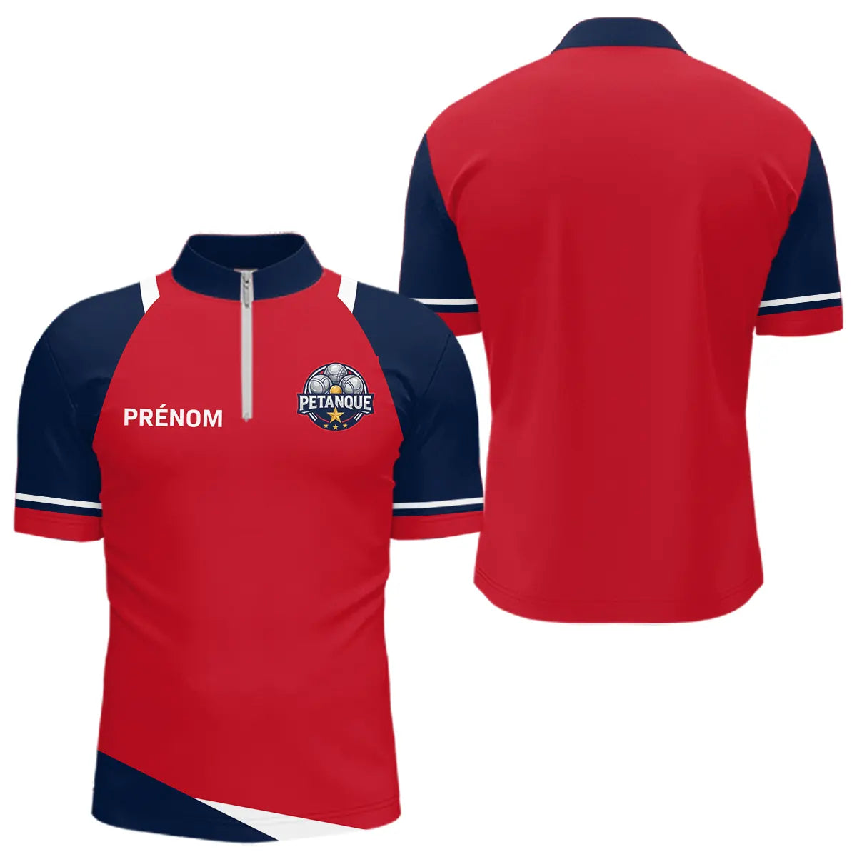 Polo Pétanque Personnalisé Tricolore - Bleu Rouge Boules - Polo Zippé Homme