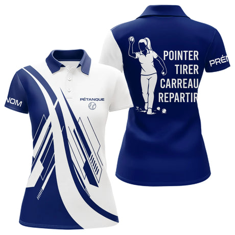 Polo Pétanque Pointer Tirer Carreau - Bleu Blanc & Inscription - Polo Femme