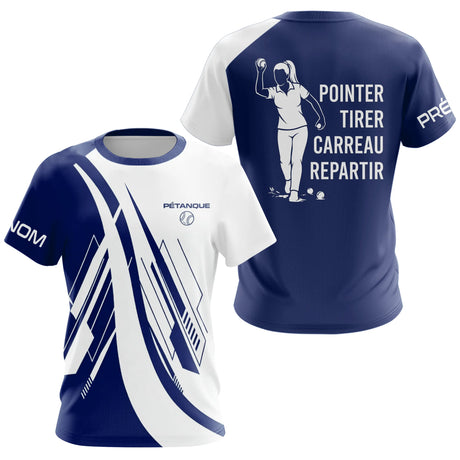 Polo Pétanque Pointer Tirer Carreau - Bleu Blanc & Inscription - T-Shirt Femme