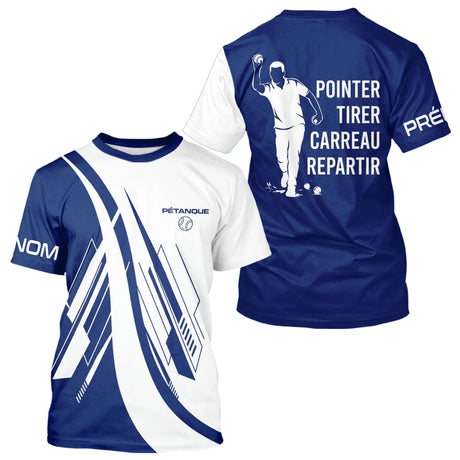 Polo Pétanque Pointer Tirer Carreau - Bleu Blanc & Inscription - T-Shirt Homme
