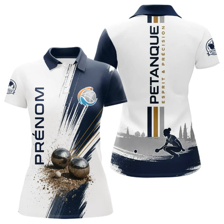 Polo Pétanque Prénom - Boulodrome 3D Bleu & Blanc Sur Mesure - Polo Femme