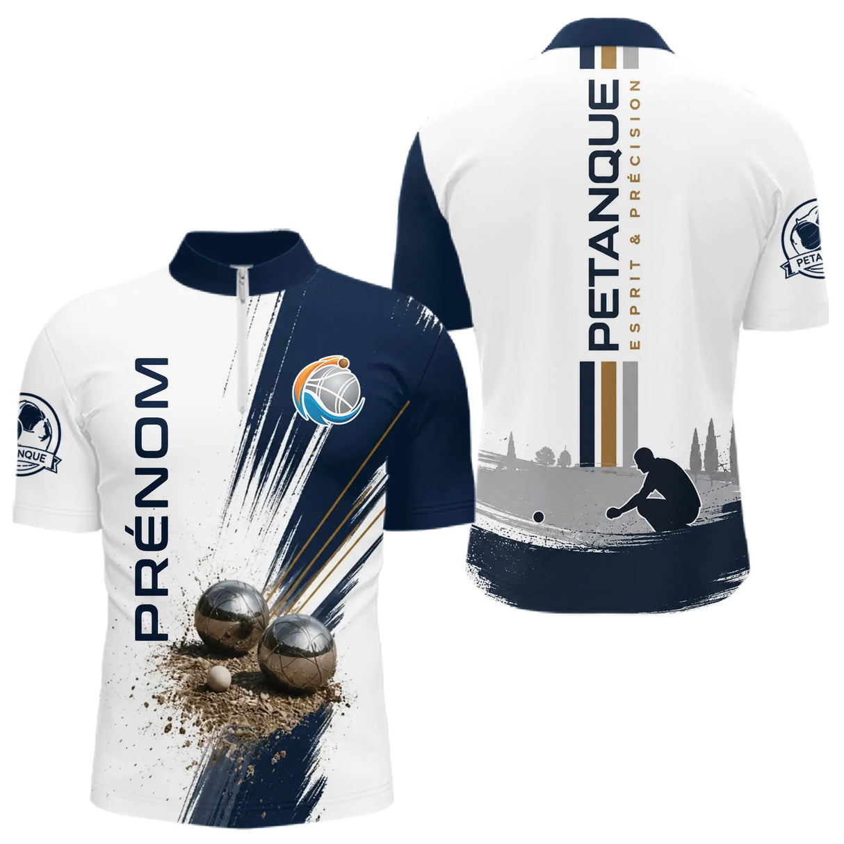 Polo Pétanque Prénom - Boulodrome 3D Bleu & Blanc Sur Mesure - Polo Zippé Homme