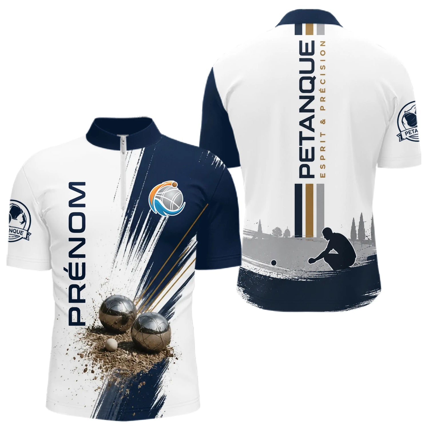 Polo Pétanque Prénom - Boulodrome 3D Bleu & Blanc Sur Mesure - Polo Zippé Homme