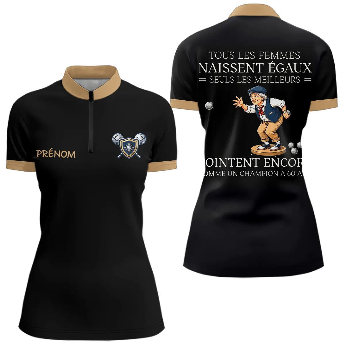 Polo Pétanque Premium Noir Doré – Style Vrais Champions - Polo Zippé Femme
